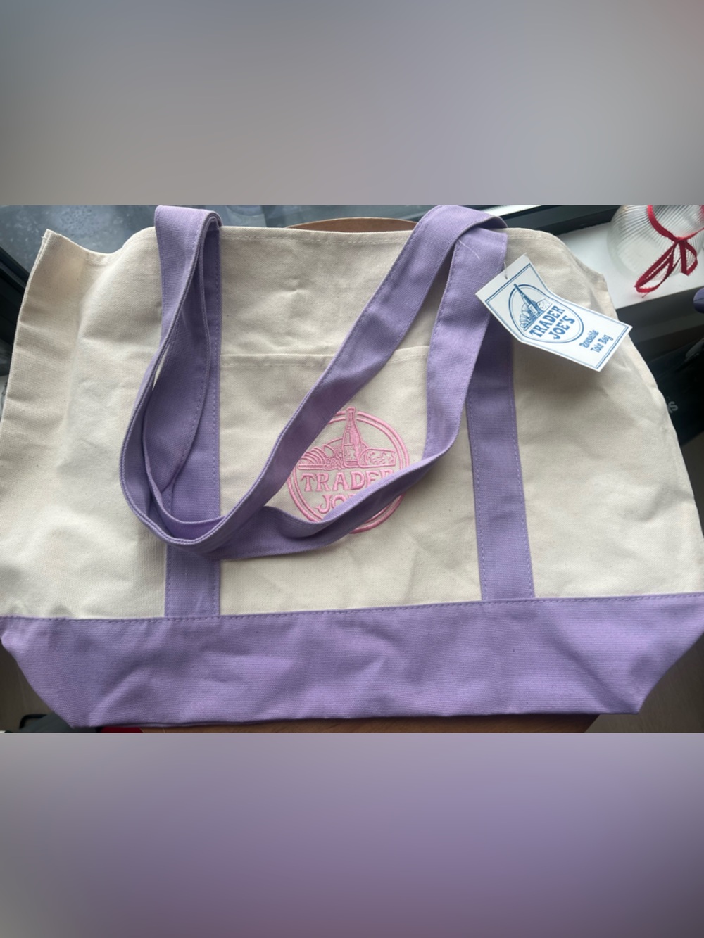 Trader Joe’s Canvas Tote Bag with Lavender Trim and Pink Logo